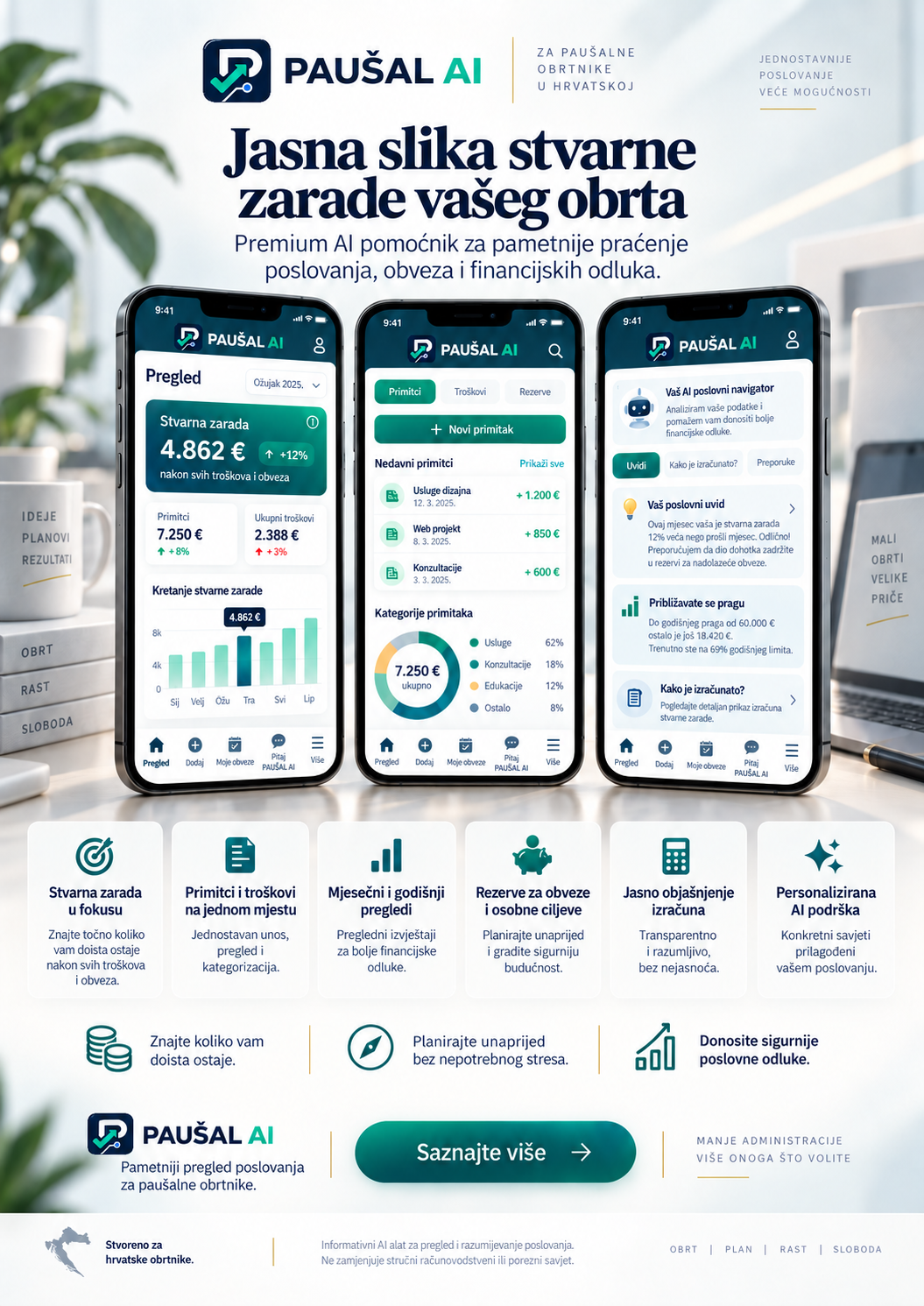 PAUŠAL AI flyer sa službenim logotipom, pregledom koristi, grafovima i prikazima aplikacije